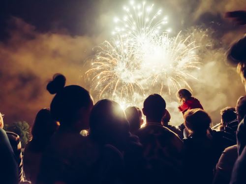 crowd of people at night watching fireworks