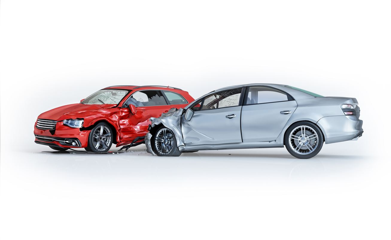 Two cars accident. Crashed cars. One silver sedan against one red coupe. Big damage. Isolated on white background. Viewed from a side. (Two cars accident. Crashed cars. One silver sedan against one red coupe. Big damage. Isolated on white background