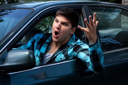 Man hanging out car window yelling